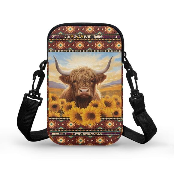 Boho Sunflower Cow Cell Phone Purse Wallet Canvas Small Crossbody Purse Bags c: - Picture 2 of 7